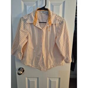 Duck Head orange and white striped three-quarter sleeve button-down shirt.